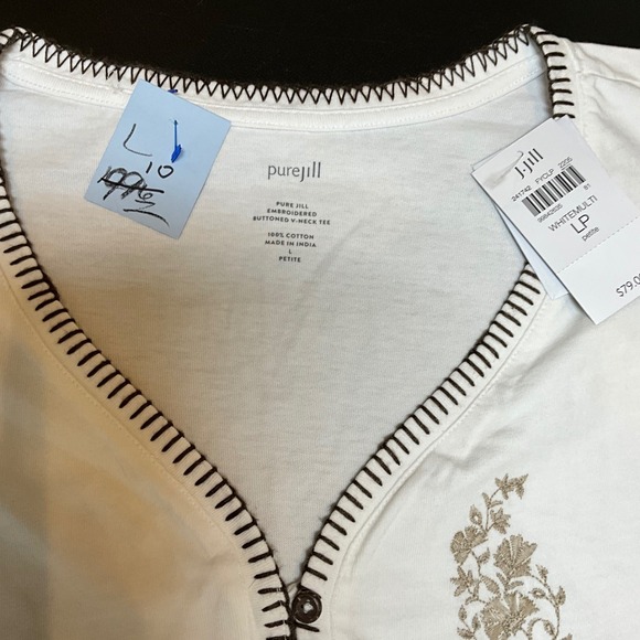 Pure Jill Embroidered Buttoned V Neck Tee White Multi Floral Print Cotton PL - Picture 10 of 10